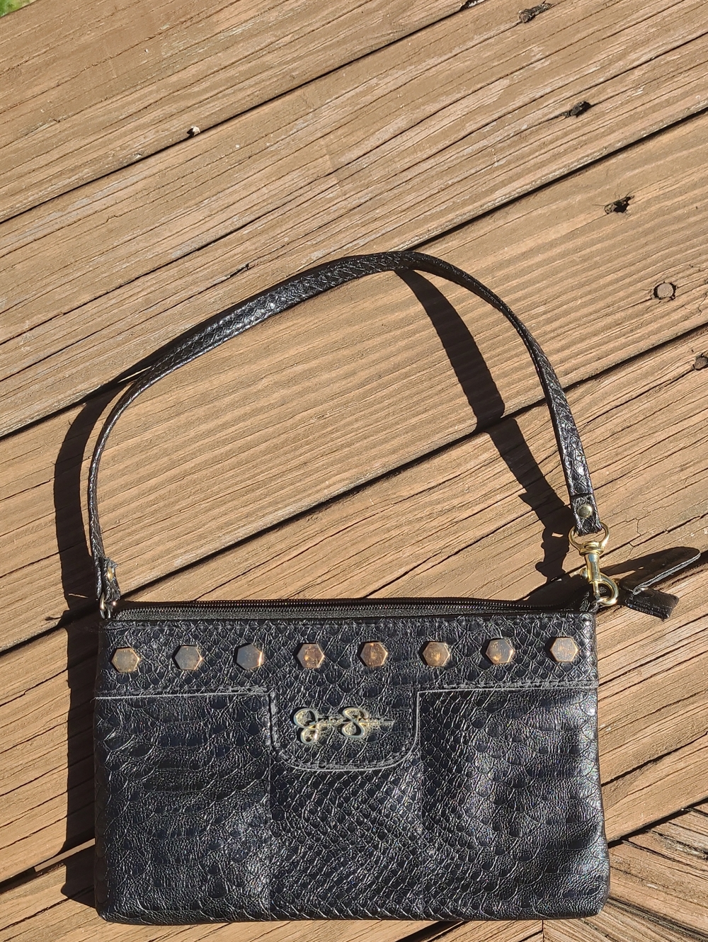 Jessica Simpson Black Textured Wristlet Clutch with Gold Hardware